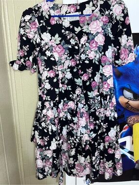 Set of 2 vintage Black Floral Short Sleeve Tiered Dress with Pink Roses